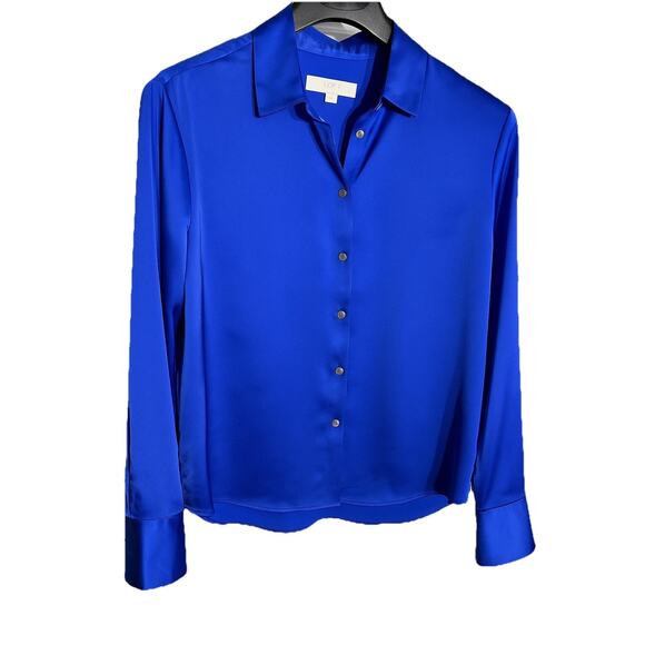 LOFT Women’s Royal Blue Satin Button Front Blouse Size Medium Long Sleeve - Picture 1 of 6